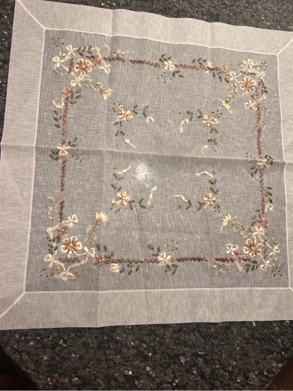 Embroidered Floral Square Tablecloth - Cream and Beige